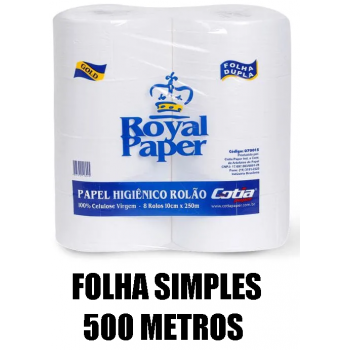 PAPEL HIGIÊNICO ROLÃO CELULOSE VIRGEM FOLHA SIMPLES 10X500M FARDO C/8 ROLOS ROYAL PAPER GOLD	
