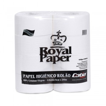 PAPEL HIGIÊNICO ROLÃO 24G CELULOSE VIRGEM FOLHA SIMPLES 9X250M FARDO C/8 ROLOS ROYAL PAPER SVR	